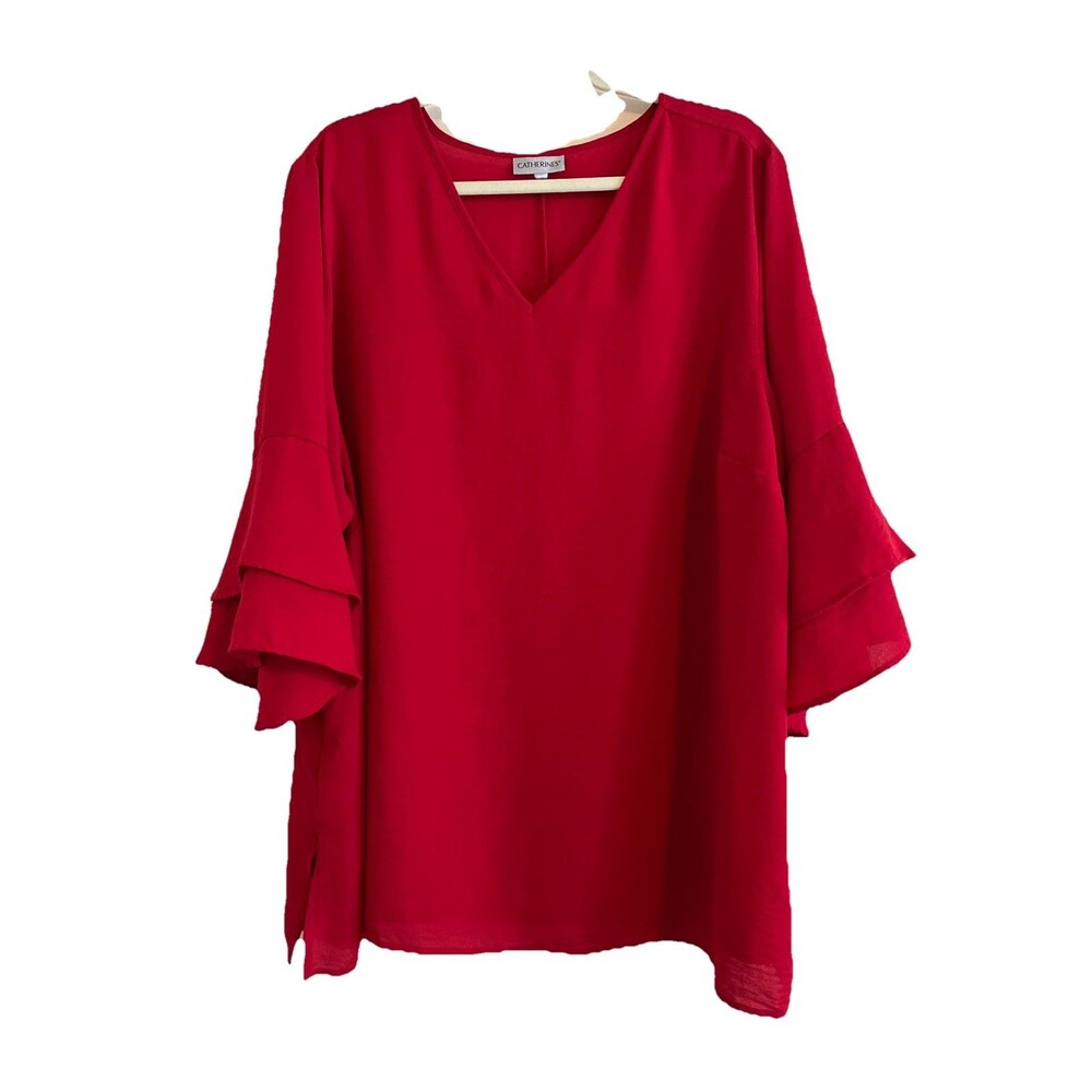 Catherine’s Blouse Women’s 3X 24W Red 3/4 Flutter Sleeve Lightweight V-Neck Top